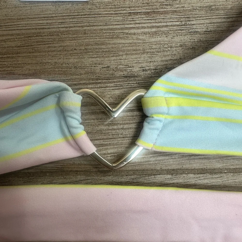 Frankie's Bikinis Pink and Yellow Halter Bikini Top